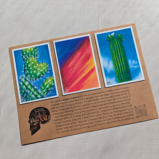 Card with images of cacti on a textured surface