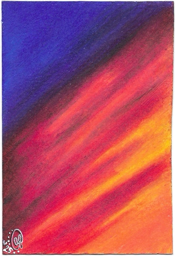 Colorful abstract art with red, orange, and blue hues on a white background